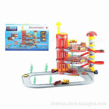 Plastic DIY building block toy garage, with 3 die cast cars